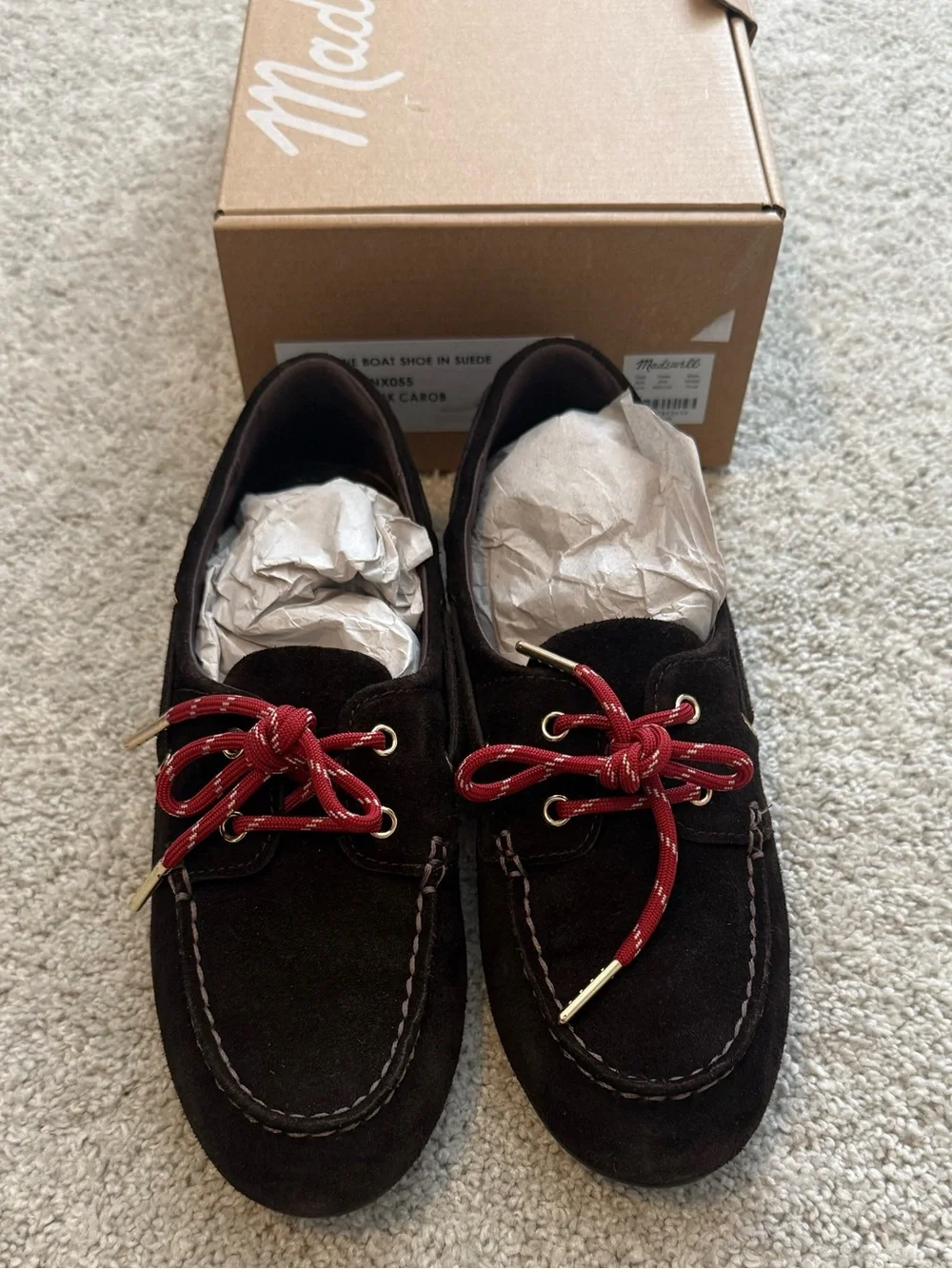 Madewell EUC Womens 7.5 Dark Brown Suede Jamie Boat Shoes with Red Laces